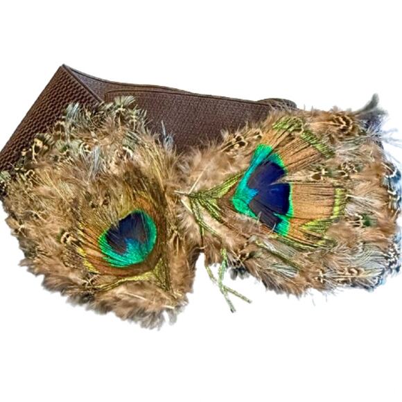 Colorful Peacock Feather Brown Stretchy Belt - Picture 3 of 7